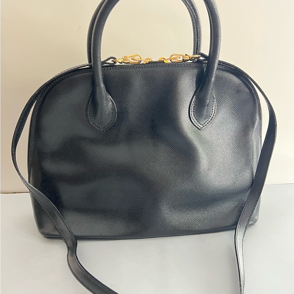 Saks Fifth Avenue Black Genuine Leather Satchel with Gold Accents -Made In Italy